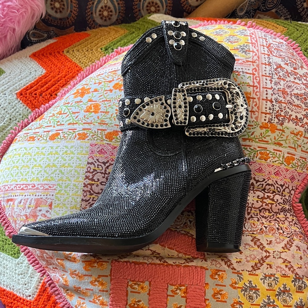 Studded and Rhinestoned Club Exx Black Western Ankle Boots